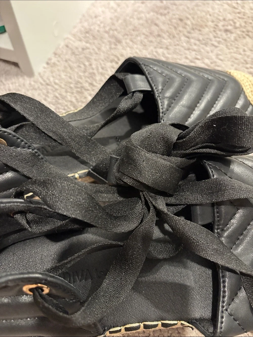Black Quilted Espadrille Flats with Lace-Up Tie